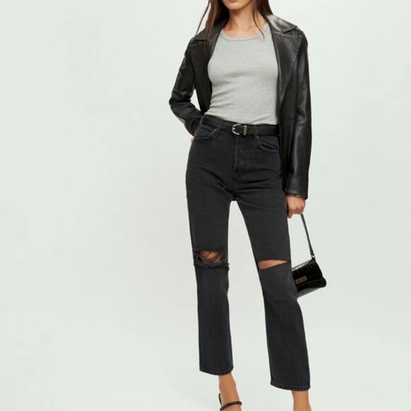 Reformation Cynthia High Rise Straight Jeans Destroyed Black Lagoon Size 26 - Picture 1 of 10